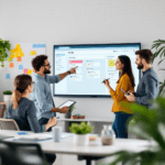 A software development team working together in an office, with one member discussing a digital Kanban board shown on a large screen. The team is engaged in collaboration, with visible notes and tools emphasizing their focus on Lean Principles and process improvement.
