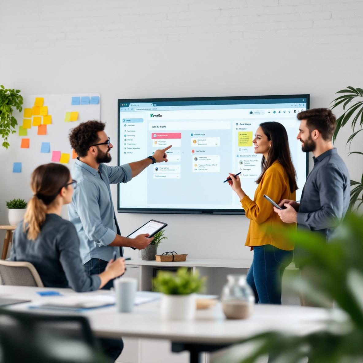 A software development team working together in an office, with one member discussing a digital Kanban board shown on a large screen. The team is engaged in collaboration, with visible notes and tools emphasizing their focus on Lean Principles and process improvement.