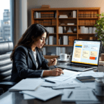 A lawyer, a middle-aged Hispanic woman, is reviewing a contract alongside an AI assistant in a modern office. A laptop displays a document review software with highlighted sections, emphasizing the collaboration between human and AI in legal work.
