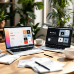 A contemporary office setup featuring two laptops next to each other. One laptop shows the Looka logo design interface, while the other displays the Brandmark logo creation tool. The workspace is bright and stylish, with a notepad, sketchbook, and coffee cup on the desk, along with greenery in the background, illustrating a blend of professionalism and creativity.
