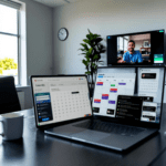 A modern office setup showing a laptop displaying the Calendly and SavvyCal interfaces, with a calendar open and a coffee mug beside it. A digital clock on the wall and a person engaged in a video call add to the scene, reflecting themes of scheduling productivity.