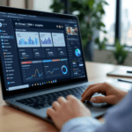A professional salesperson at a modern office desk, using a laptop with Microsoft Copilot's interface displayed, analyzing CRM insights while engaging in a video conference through Microsoft Teams. The setting features a bright office with a city skyline visible through the window.