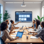 A group of diverse professionals in a modern office setting actively collaborating during a video conference via Microsoft Teams, with a large monitor displaying a SharePoint dashboard. Participants are sitting around a conference table with laptops and documents, discussing and taking notes.