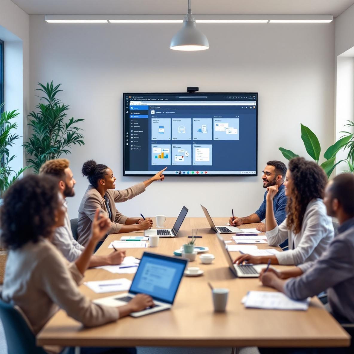 A group of diverse professionals in a modern office setting actively collaborating during a video conference via Microsoft Teams, with a large monitor displaying a SharePoint dashboard. Participants are sitting around a conference table with laptops and documents, discussing and taking notes.