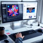 A photorealistic image of a modern computer desk with a large monitor displaying the interfaces of Midjourney and DALL-E, showing AI-generated art in progress. The cluttered workspace includes a keyboard, mouse, sketches, and a coffee cup, suggesting an artist's active engagement in the creative process.