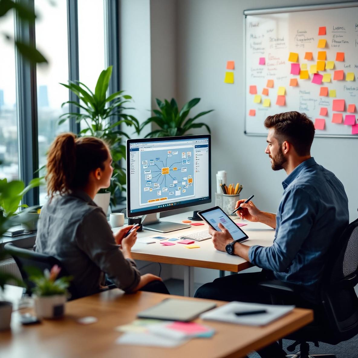 A modern office with two professionals collaboratively working on a digital mind mapping session. One is using a computer with MindMeister or XMind displayed, while the other takes notes on a tablet. The background features a whiteboard filled with colorful mind maps, sticky notes, and a city view from the large window.