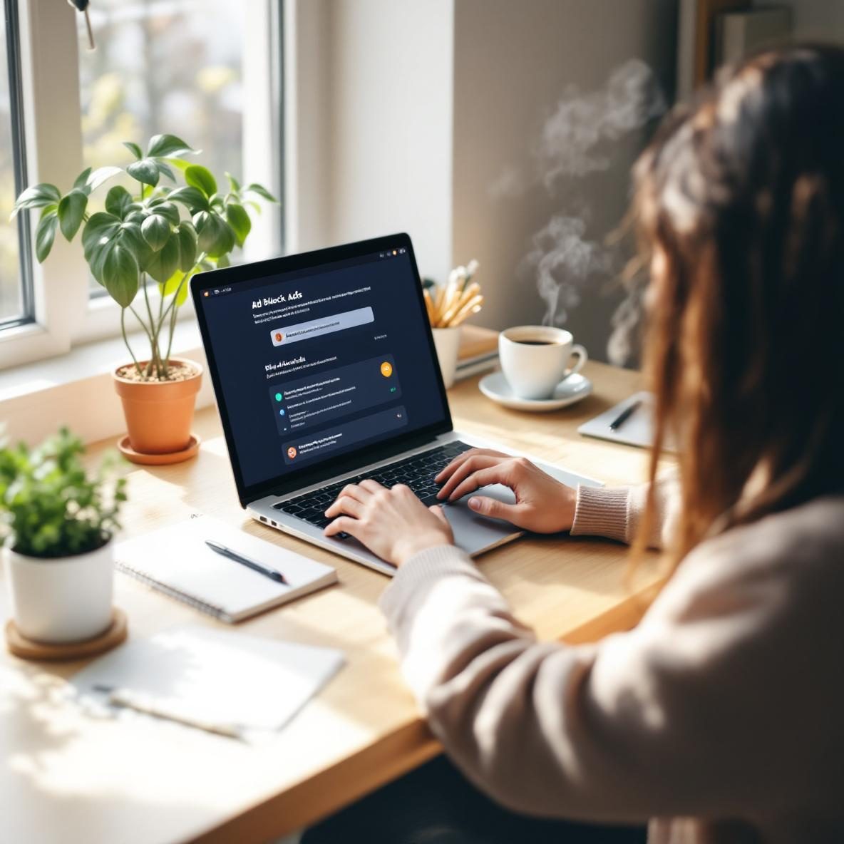 A person seated at a home office desk, intently engaged with their laptop showing an ad blocker interface. The workspace features a potted plant, notepad, and coffee cup, all surrounded by soft natural light from a window, illustrating a focused and productive environment free from digital distractions.