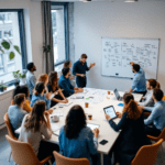 A vibrant office meeting room where a diverse team of professionals engage in a brainstorming session. A large whiteboard displays notes and sketches, and participants use laptops and tablets with Miro and Mural interfaces, highlighting active collaboration and idea-sharing.