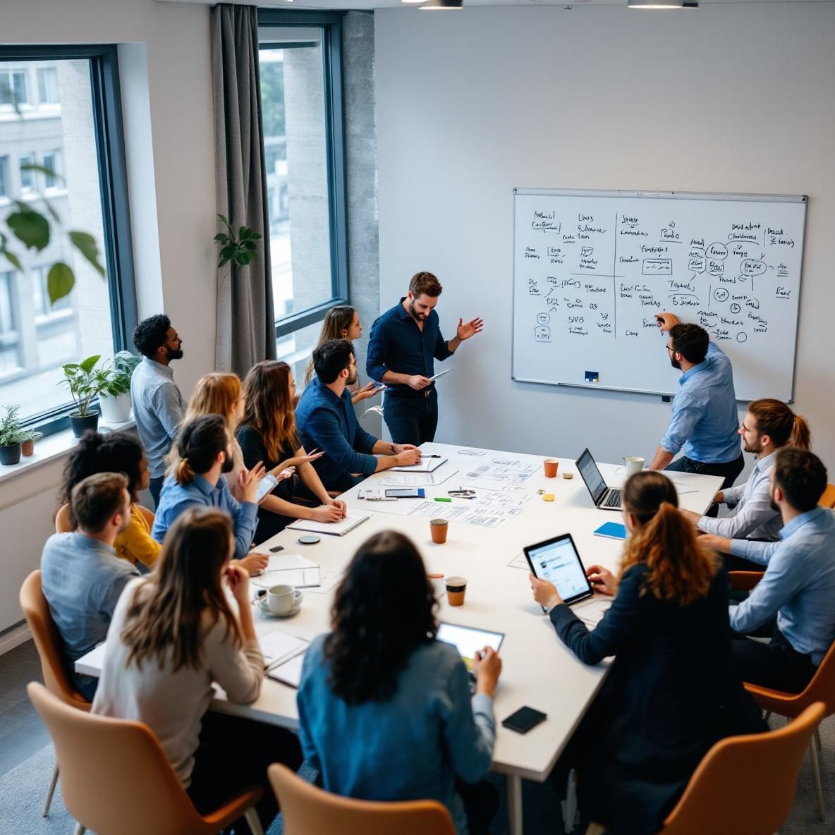 A vibrant office meeting room where a diverse team of professionals engage in a brainstorming session. A large whiteboard displays notes and sketches, and participants use laptops and tablets with Miro and Mural interfaces, highlighting active collaboration and idea-sharing.