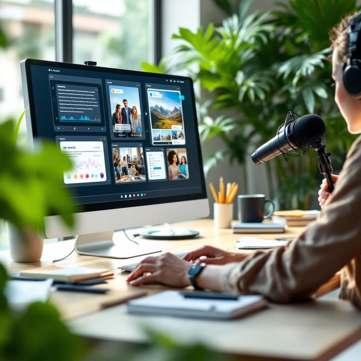 In a bright office space, a person is using a desktop computer that displays a multi-modal AI application interface with text, images, and audio waveforms. They are speaking into a microphone while interacting with the screen, surrounded by plants and a tidy workspace.
