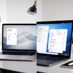 A split-screen view of notification management settings, with a MacBook showing the 'Do Not Disturb' feature and a Windows laptop displaying app notification controls. The office setting is clean and organized, suggesting a productive work environment.