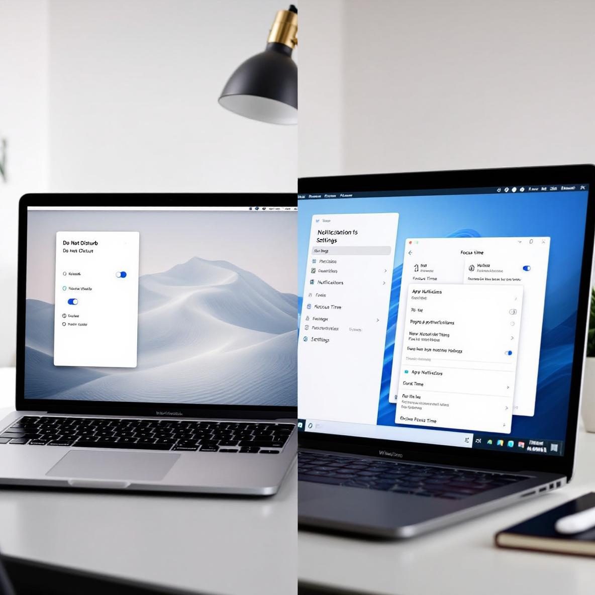 A split-screen view of notification management settings, with a MacBook showing the 'Do Not Disturb' feature and a Windows laptop displaying app notification controls. The office setting is clean and organized, suggesting a productive work environment.