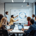 A diverse team of professionals collaborating in a modern office workspace, with a whiteboard displaying the PDCA cycle diagram. Laptops and digital tablets are on the table, highlighting a focus on data analytics and continuous improvement in business processes.