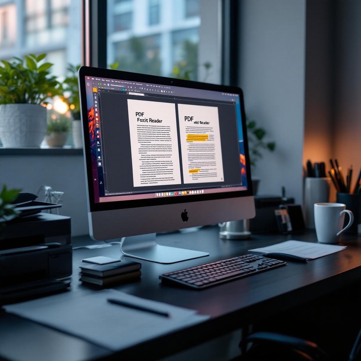 A modern office desk with a computer showing Adobe Acrobat and Foxit Reader on the screen. Natural light filters in through a large window, illuminating the workspace with scattered documents, a printer, and a coffee cup. The computer displays an open PDF document, highlighting the editing features of both applications.
