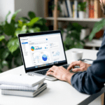 A focused individual using the Perplexity AI research tool on their laptop at a modern desk. The screen shows the Perplexity interface filled with search results, accompanied by books and notepads, highlighting an engaging research environment.