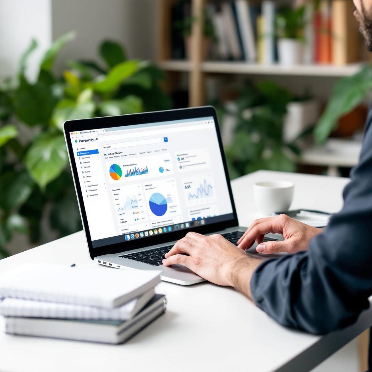 A focused individual using the Perplexity AI research tool on their laptop at a modern desk. The screen shows the Perplexity interface filled with search results, accompanied by books and notepads, highlighting an engaging research environment.