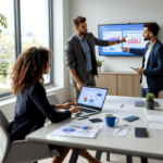 A diverse team of two professionals collaborates in a modern office, reviewing digital marketing strategies using HubSpot and Salesforce tools. One person uses a laptop displaying HubSpot data, while the other points to Salesforce analytics on a screen.