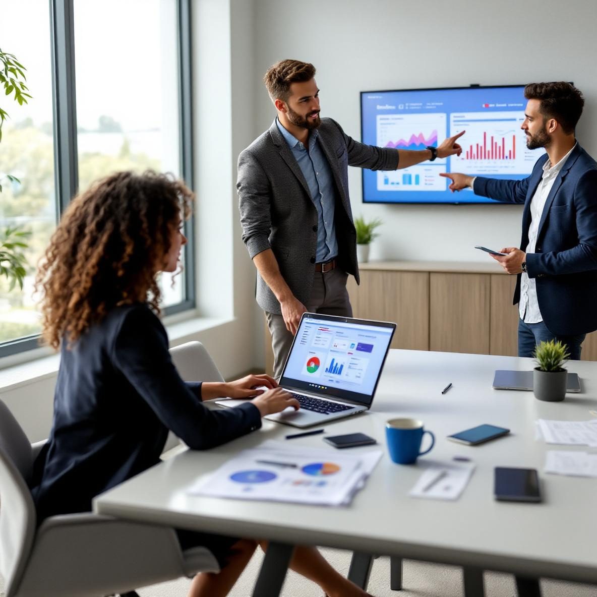A diverse team of two professionals collaborates in a modern office, reviewing digital marketing strategies using HubSpot and Salesforce tools. One person uses a laptop displaying HubSpot data, while the other points to Salesforce analytics on a screen.