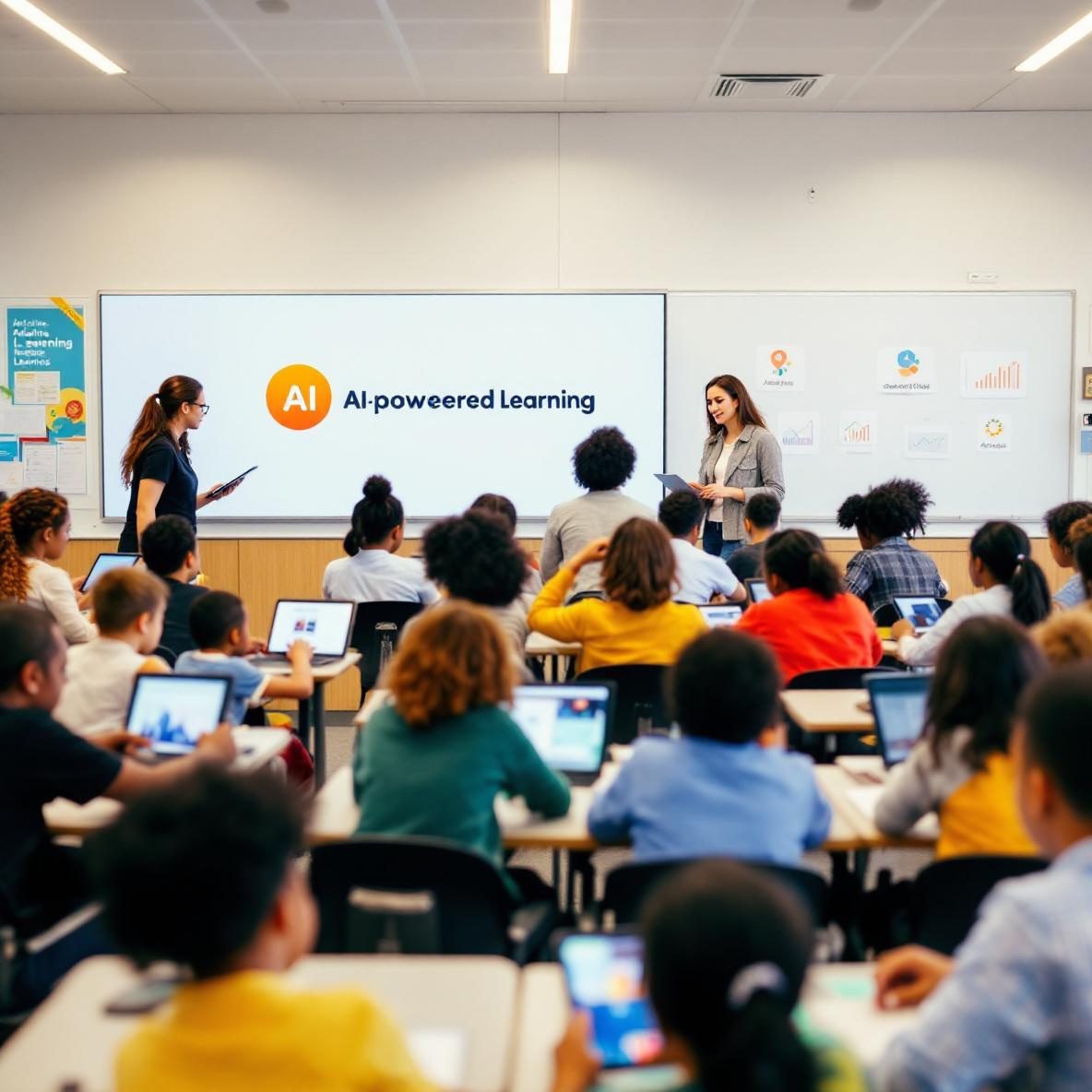 A vibrant classroom scene where diverse students are actively participating in personalized learning. Some students are working on tablets and laptops while others collaborate in groups. A teacher circulates to provide support. In the background, a large screen promotes an AI learning platform, highlighting its features.