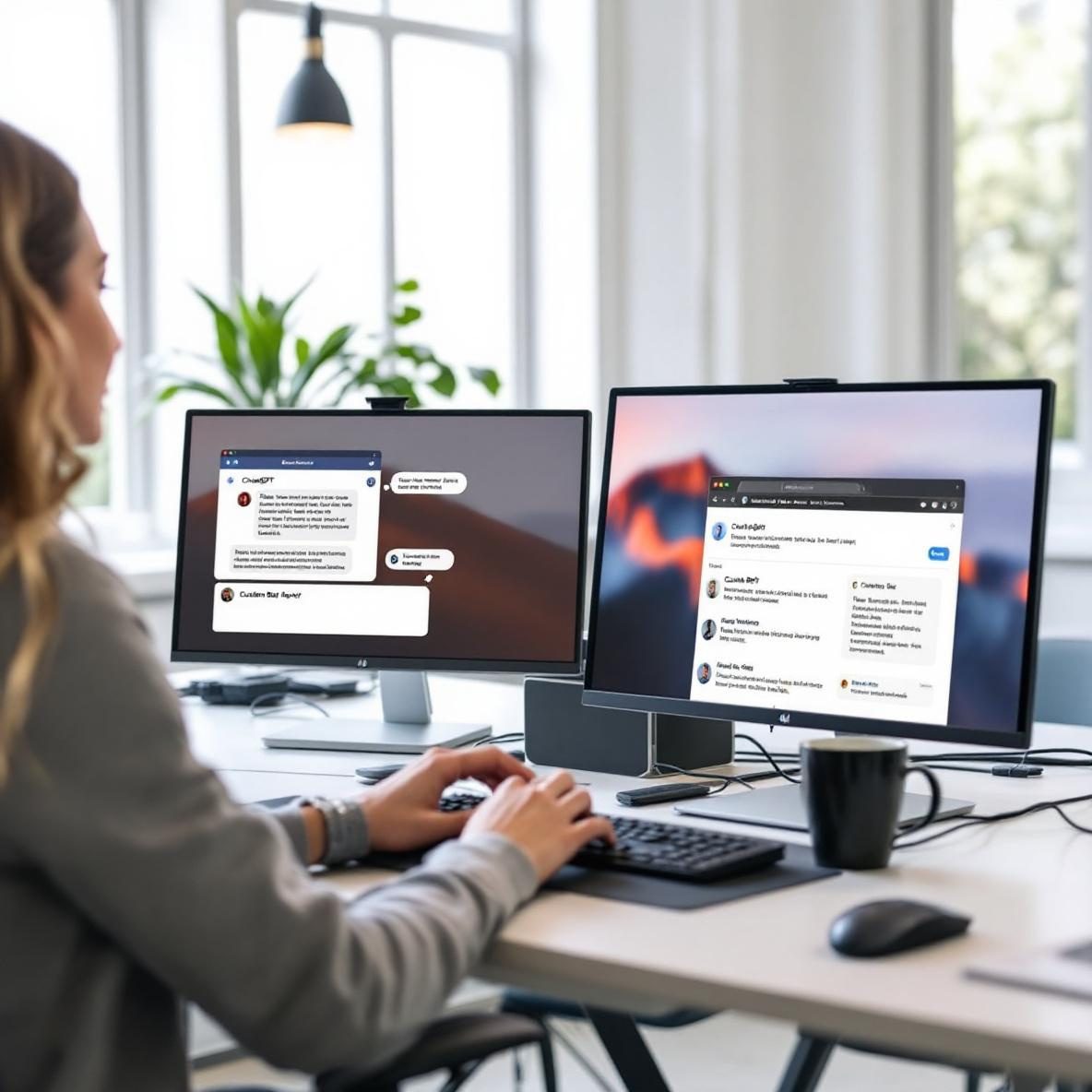 A person working at a sleek office desk with multiple computer monitors showing various AI chatbots. One screen displays a conversation with ChatGPT, while another showcases a custom bot. The room is filled with modern furnishings and has a large window allowing natural light to illuminate the workspace.