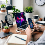 A focused individual working at a desk, using the Focus Keeper app on their smartphone while a laptop is open in front of them. The desk features a notebook, a coffee cup, and a potted plant, with a bright and inviting workspace illuminated by natural light.