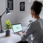 A person concentrating at a contemporary desk, employing the Pomodoro Technique, with the Focus@Will app open on their laptop and a small potted tree symbolizing the Forest App beside them, emphasizing productivity in a bright and orderly workspace.