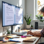 An office workspace highlighting digital document management, with a monitor displaying a project charter in Confluence and a Google Docs document. A person is engaged in typing, surrounded by notebooks, sticky notes, and a laptop with a video call interface, set in a well-lit room with natural sunlight.