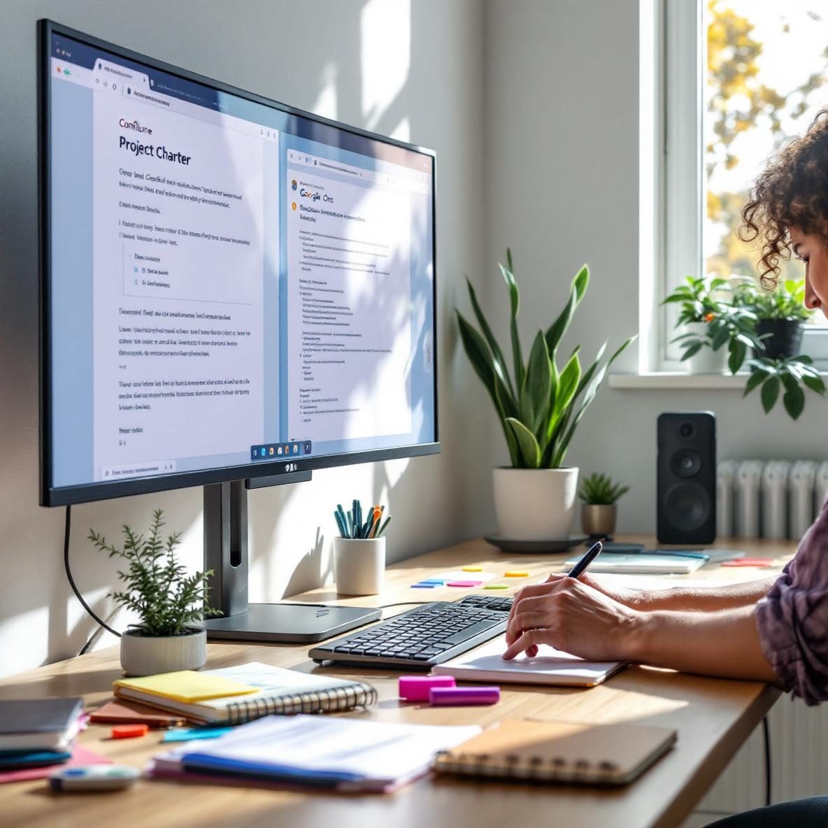 An office workspace highlighting digital document management, with a monitor displaying a project charter in Confluence and a Google Docs document. A person is engaged in typing, surrounded by notebooks, sticky notes, and a laptop with a video call interface, set in a well-lit room with natural sunlight.