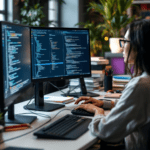 A young Asian woman developer coding at a modern desk with dual monitors. One screen shows programming code while the other displays an AI chatbot interface. The workspace is stylish with tech gadgets and plants, conveying a high-tech atmosphere.