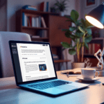 A person sitting at a modern workspace, reading a digital article on a laptop with the Readwise and Pocket apps open, surrounded by bookshelves and a plant, with a cup of coffee on the desk.