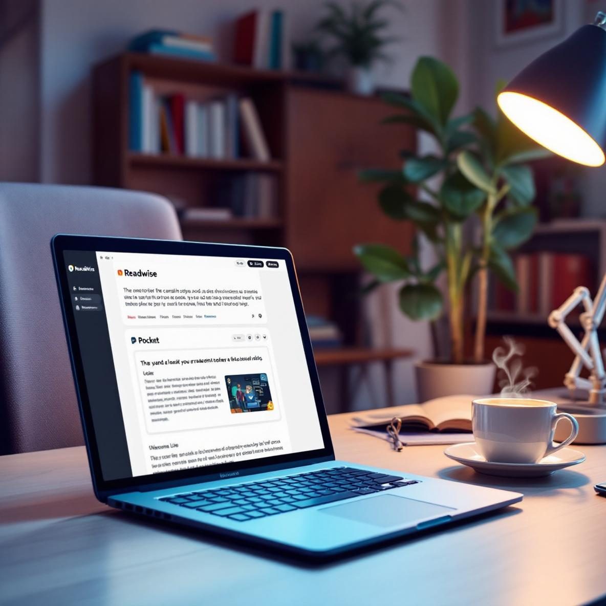 A person sitting at a modern workspace, reading a digital article on a laptop with the Readwise and Pocket apps open, surrounded by bookshelves and a plant, with a cup of coffee on the desk.