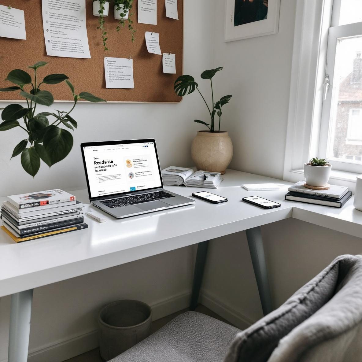 A home office with a laptop showing the Readwise and Pocket apps, surrounded by books and a smartphone. The workspace is bright and airy, with plants and a bulletin board, creating a productive atmosphere.