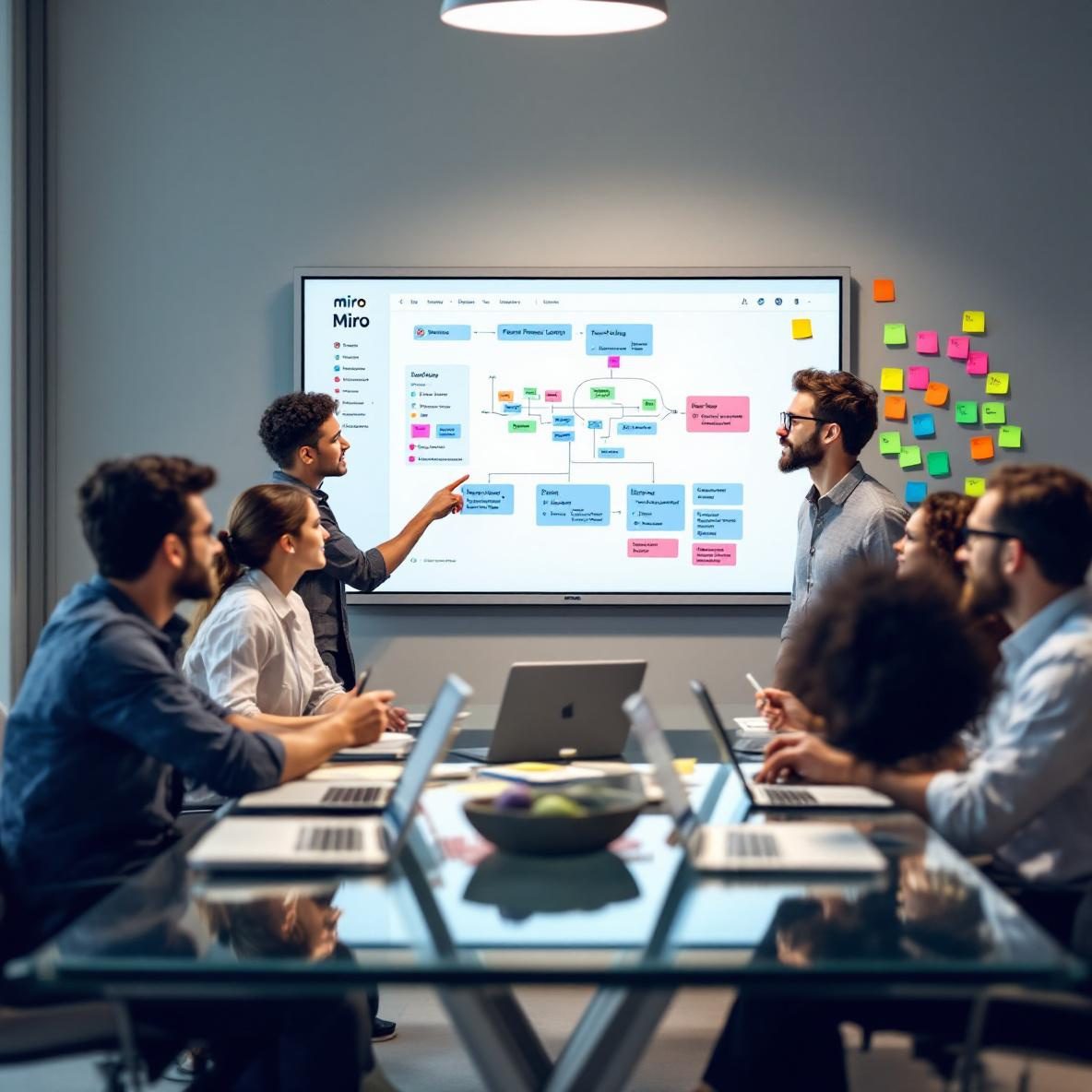 A diverse team of Agile professionals in a modern conference room conducting a retrospective meeting. They are seated around a glass table with laptops and tablets, discussing feedback displayed on a large screen running Miro. The room features colorful sticky notes on the walls, highlighting different ideas and suggestions from the team.
