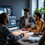 A contemporary office scene showing a group of diverse professionals collaborating around a desk with a computer screen displaying the RunwayML Gen-2 video editing interface. One person demonstrates AI-generated video clips while another takes notes on a tablet, emphasizing teamwork in video generation and editing.