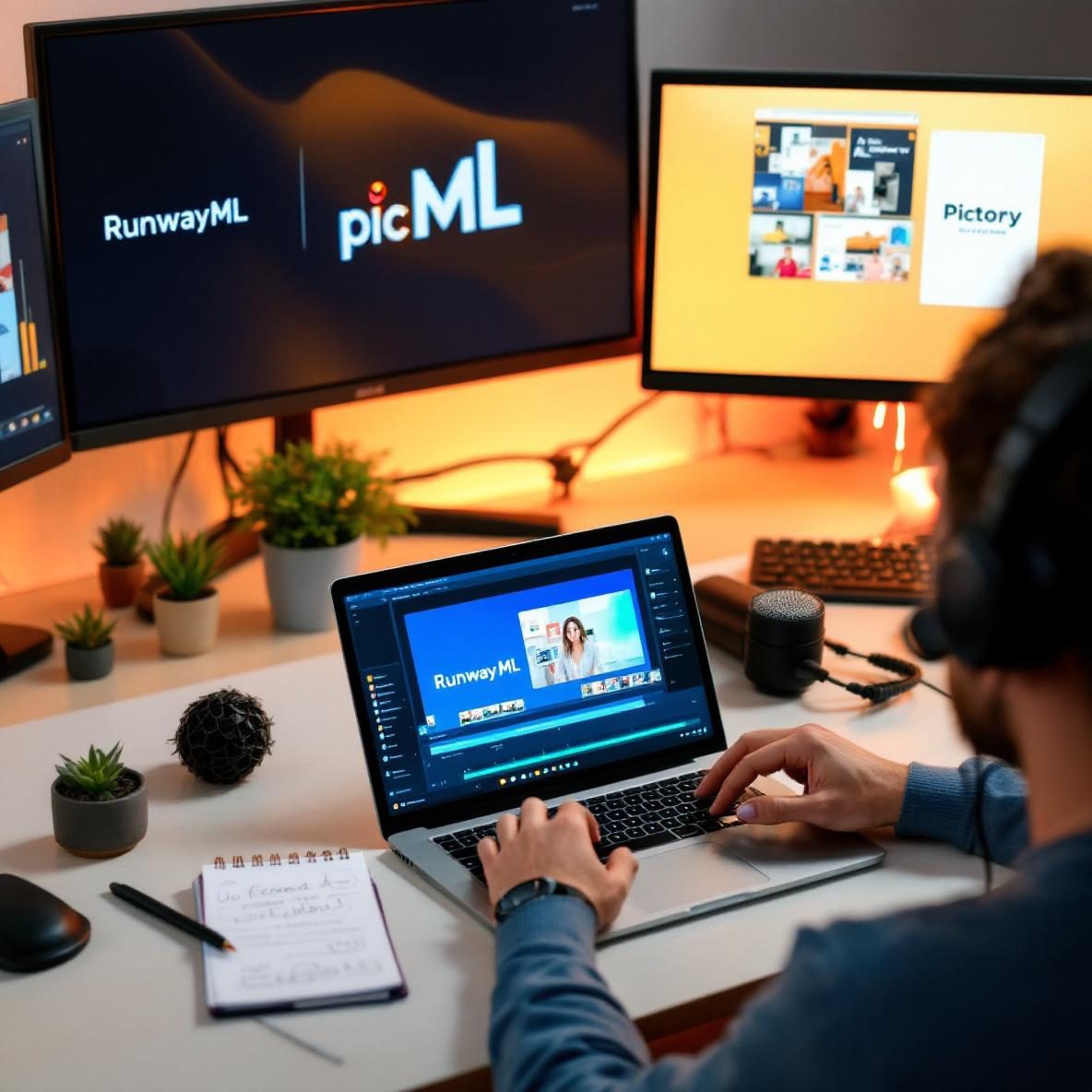 A person editing videos on a laptop in a well-lit workspace, displaying the RunwayML and Pictory software on multiple screens. The setup includes creative tools like notepads and a microphone, highlighting the video editing process powered by AI.