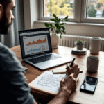A person working at a desk with a laptop showing Ahrefs and SEMrush on the screen, analyzing SEO data and content optimization strategies. A notepad and smartphone are also visible, conveying a productive digital workspace.