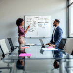 A diverse group of professionals in a modern office discussing a SWOT analysis on a whiteboard, with handwritten notes under four headings and a laptop displaying the Lucidchart interface.