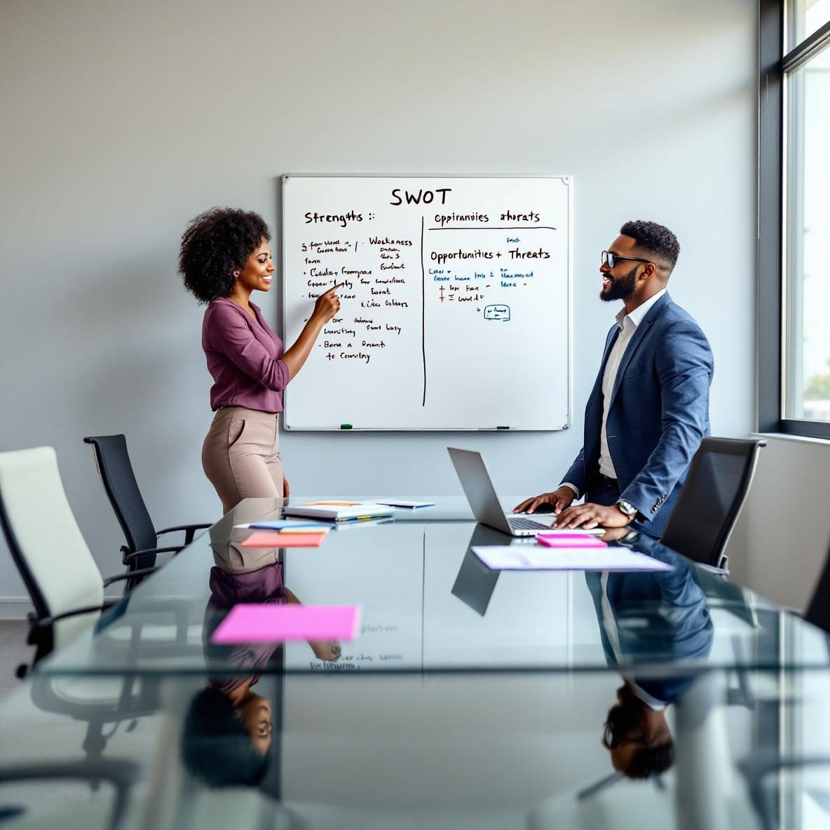 A diverse group of professionals in a modern office discussing a SWOT analysis on a whiteboard, with handwritten notes under four headings and a laptop displaying the Lucidchart interface.