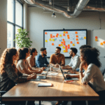 A diverse team of professionals collaborating in a modern office during a Scrum sprint planning session, with laptops and a Trello board displayed on a screen. Team members are discussing ideas around a large conference table, surrounded by sticky notes and a whiteboard filled with charts.
