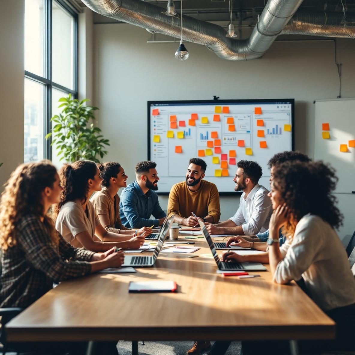 A diverse team of professionals collaborating in a modern office during a Scrum sprint planning session, with laptops and a Trello board displayed on a screen. Team members are discussing ideas around a large conference table, surrounded by sticky notes and a whiteboard filled with charts.