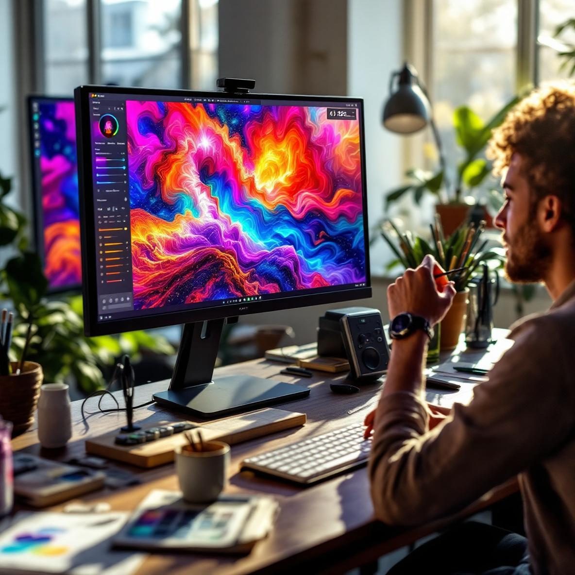 A modern office workstation featuring a large monitor displaying the Stable Diffusion XL AI image generation user interface. Vibrant, high-resolution images are being generated on the screen, surrounded by traditional art supplies like sketchbooks. A creative individual is interacting with the tool, with natural light streaming through a window enhancing the workspace atmosphere.