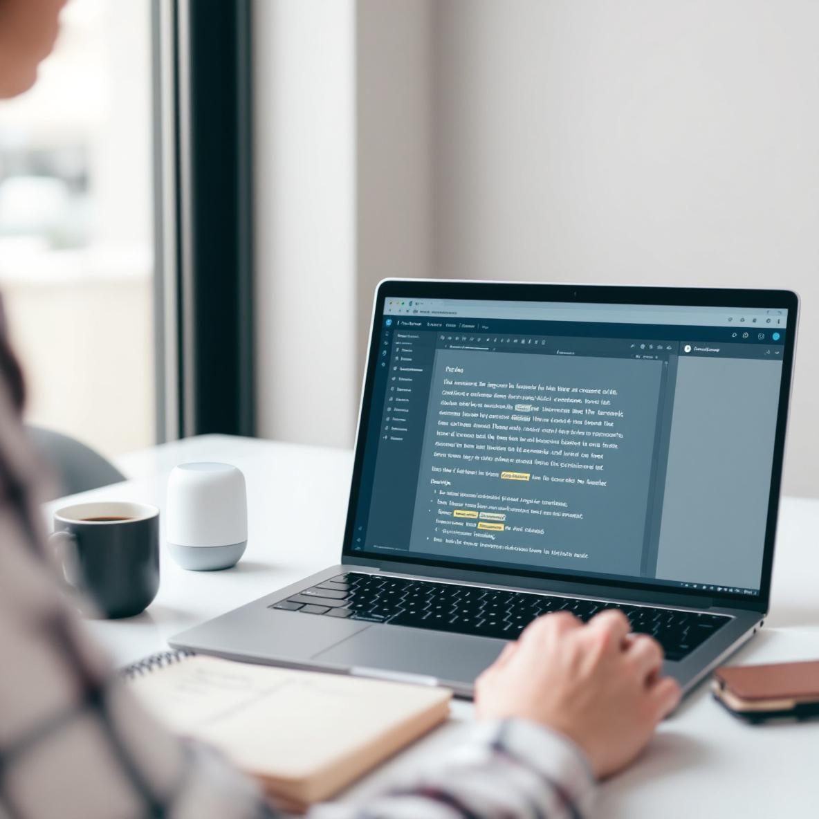 An individual at a sleek office desk, summarizing long text on a laptop. The screen shows a text editing application, with notes beside a coffee cup and a digital assistant, creating a productive ambiance.