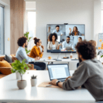 In a bright modern office, professionals participate in a video conference displayed on a large screen showing the HeyGen AI interface. In the foreground, one individual types an email using the Superhuman email interface on their laptop, surrounded by contemporary office decor and a view of a busy city outside.