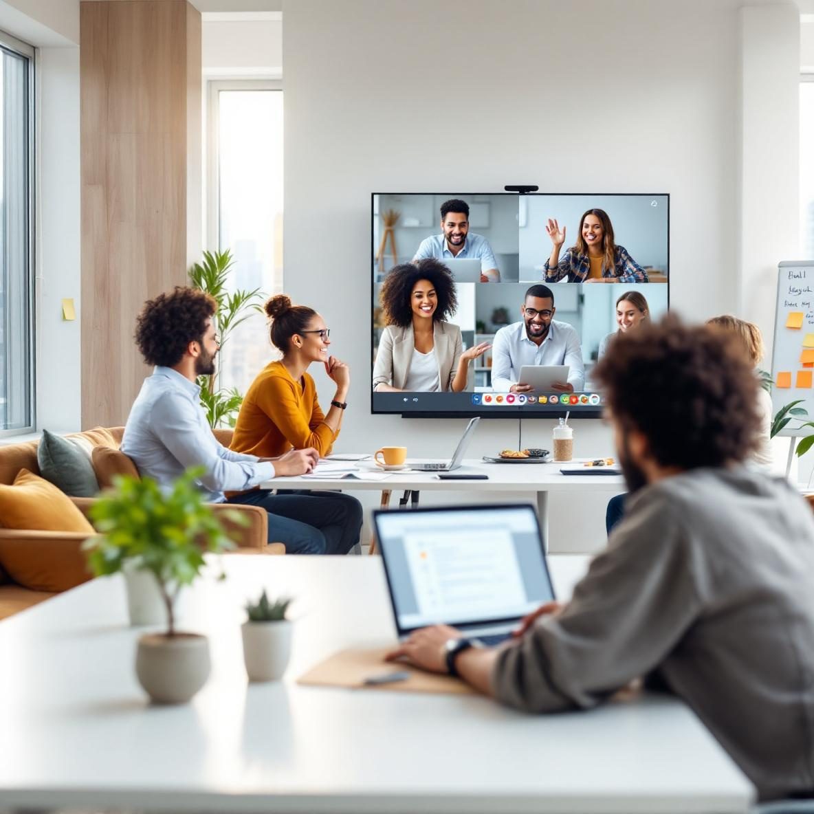 In a bright modern office, professionals participate in a video conference displayed on a large screen showing the HeyGen AI interface. In the foreground, one individual types an email using the Superhuman email interface on their laptop, surrounded by contemporary office decor and a view of a busy city outside.