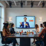 A diverse group of professionals in a bright office setting are gathered around a conference table. They are watching an animated AI avatar displayed on a large screen, created for presentations. Laptops and digital devices show Zoom and Google Slides, highlighting a collaborative meeting environment.