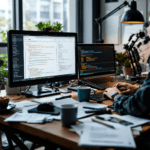 Two software developers collaborate in a bright office, one using Replit AI's code completion tool on a laptop, while the other utilizes Tabnine on a separate device, with coding documents and tech gadgets around them.