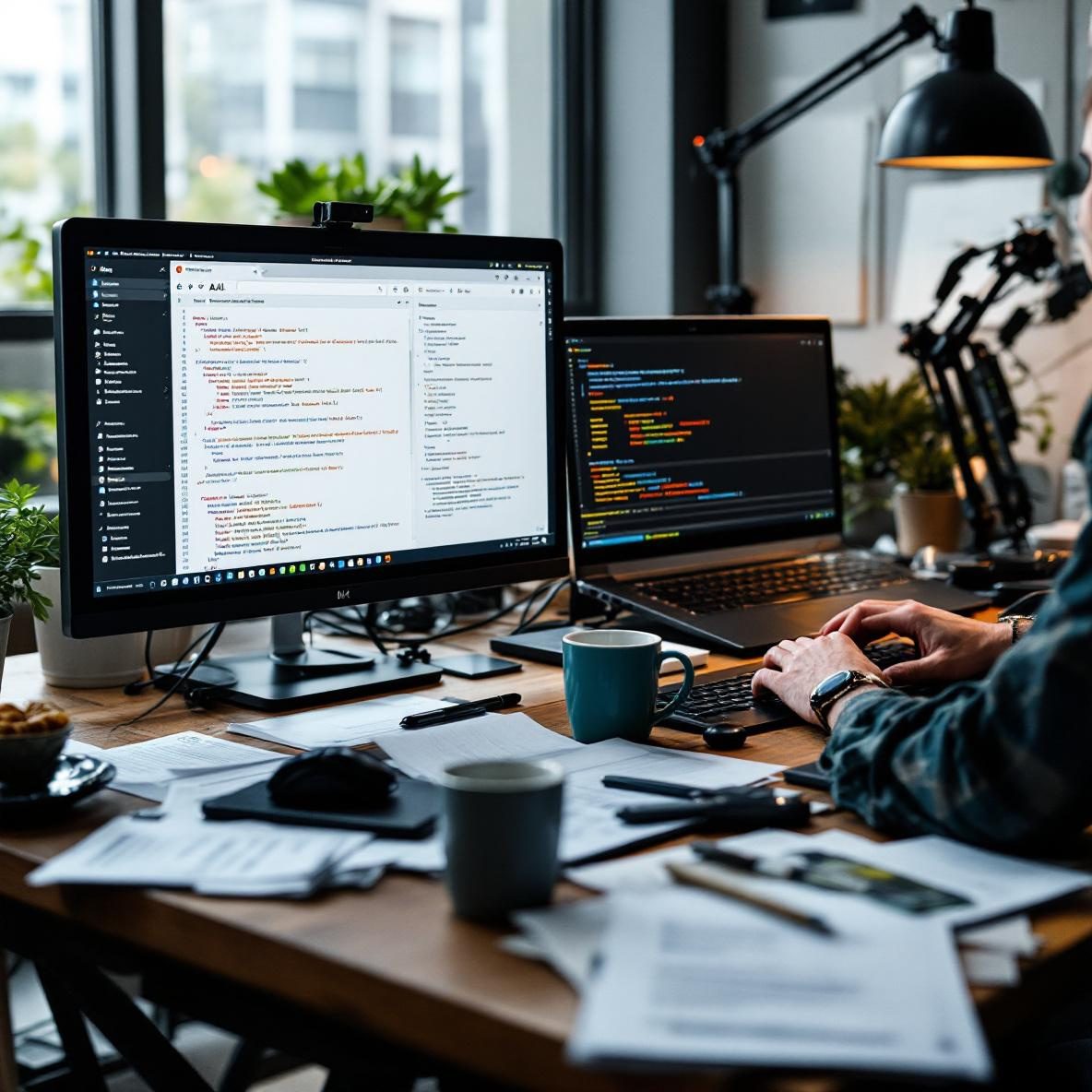 Two software developers collaborate in a bright office, one using Replit AI's code completion tool on a laptop, while the other utilizes Tabnine on a separate device, with coding documents and tech gadgets around them.