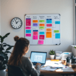A person working in a modern office setting, sitting at a desk with a laptop open to Asana. A large whiteboard in the background displays colorful templates and checklists for digital workflow standardization. The space is bright and organized, reflecting high productivity.