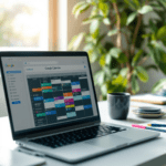 A modern workspace with a laptop open to Google Calendar and Outlook Schedule, showing colorful time blocks for scheduling. The desk is organized with a notepad and coffee cup, and a plant adds a touch of greenery. Natural light fills the room, creating a focused atmosphere.