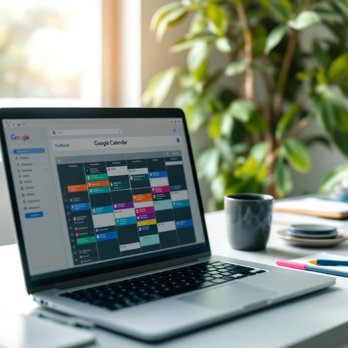 A modern workspace with a laptop open to Google Calendar and Outlook Schedule, showing colorful time blocks for scheduling. The desk is organized with a notepad and coffee cup, and a plant adds a touch of greenery. Natural light fills the room, creating a focused atmosphere.